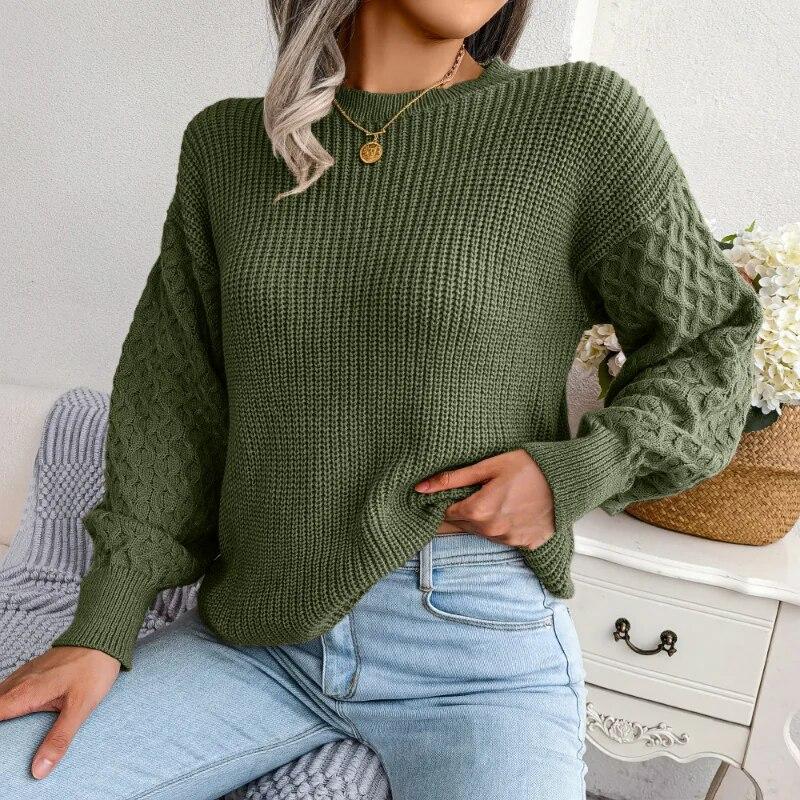 Solido Casual Allentato Donne Maglioni O Collo Autunno Inverno Manica Lanterna Pullover Per Le Donne Manica Lunga Maglione Lavorato A Maglia Top 23759