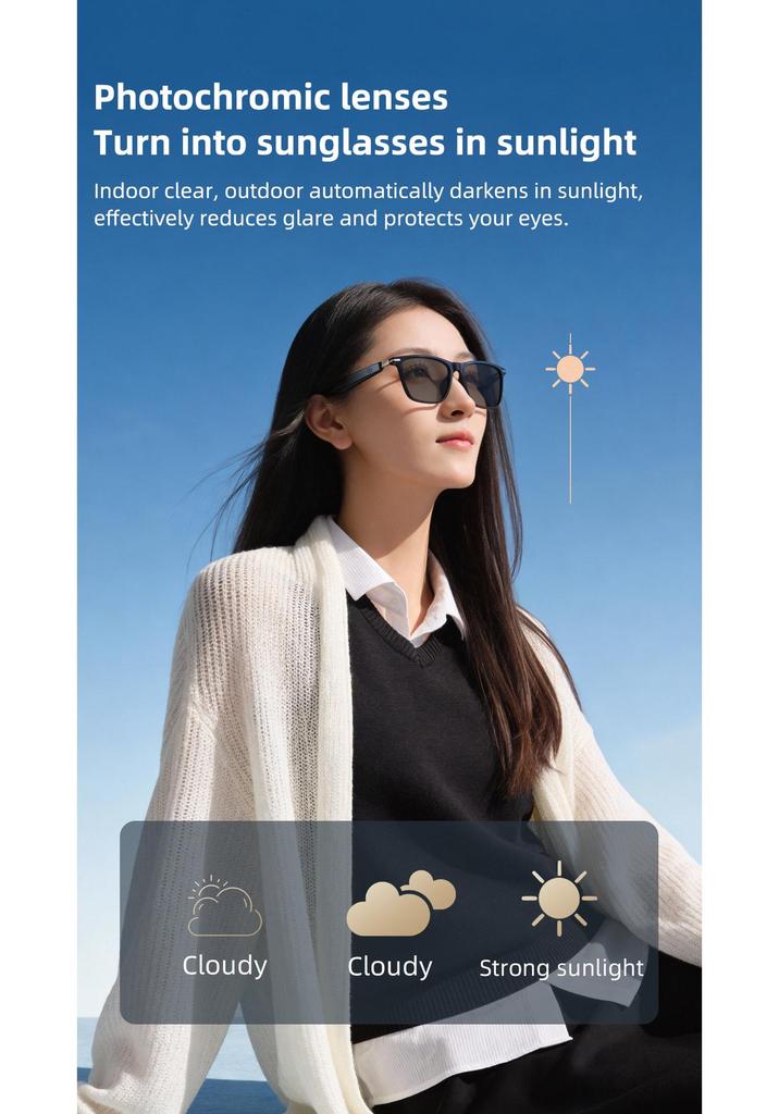 AI Translation Bluetooth Glasses GS20 with Photochromic Lenses for Driving & Music