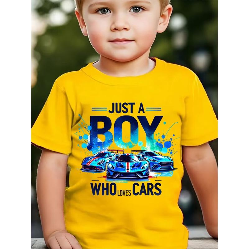 European Sizes Summer Fashion - Boys' Short Sleeve T-Shirt - JUST A BOY WHO LOVES CARS - Racing Car Cartoon Print - Casual Top