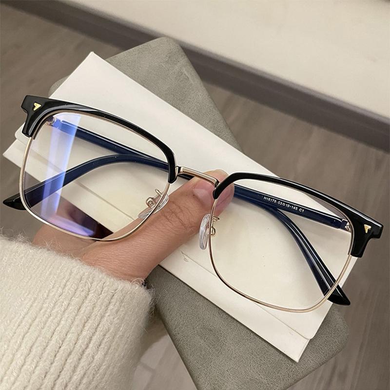

Men Women S Half Frame Glasses Retro Square Plain Glasses Unisex Transparent Blue Light Blocking Eyewear as the picture