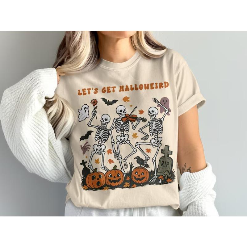 Lets Get Halloweird T-shirt, Halloween Skeletons Party Tee, Funny Halloween Oversized Unisex Streetwear Trendy Cotton Short Sleeves Classic