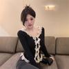 French Long Sleeve V-Neck Lace Knitted Sweater Women's Autumn Slim Short Solid Color Small