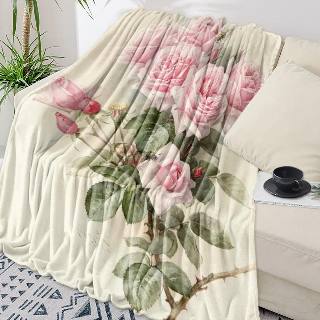 Pink Rose Bouquet White Throw Blanket Portable Warm Blanket for Beds Home Decor Sofa Blanket