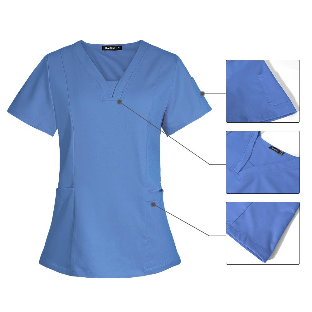 V-neck Women's Hospital Scrub Suit with Short Sleeves and Printed Design
