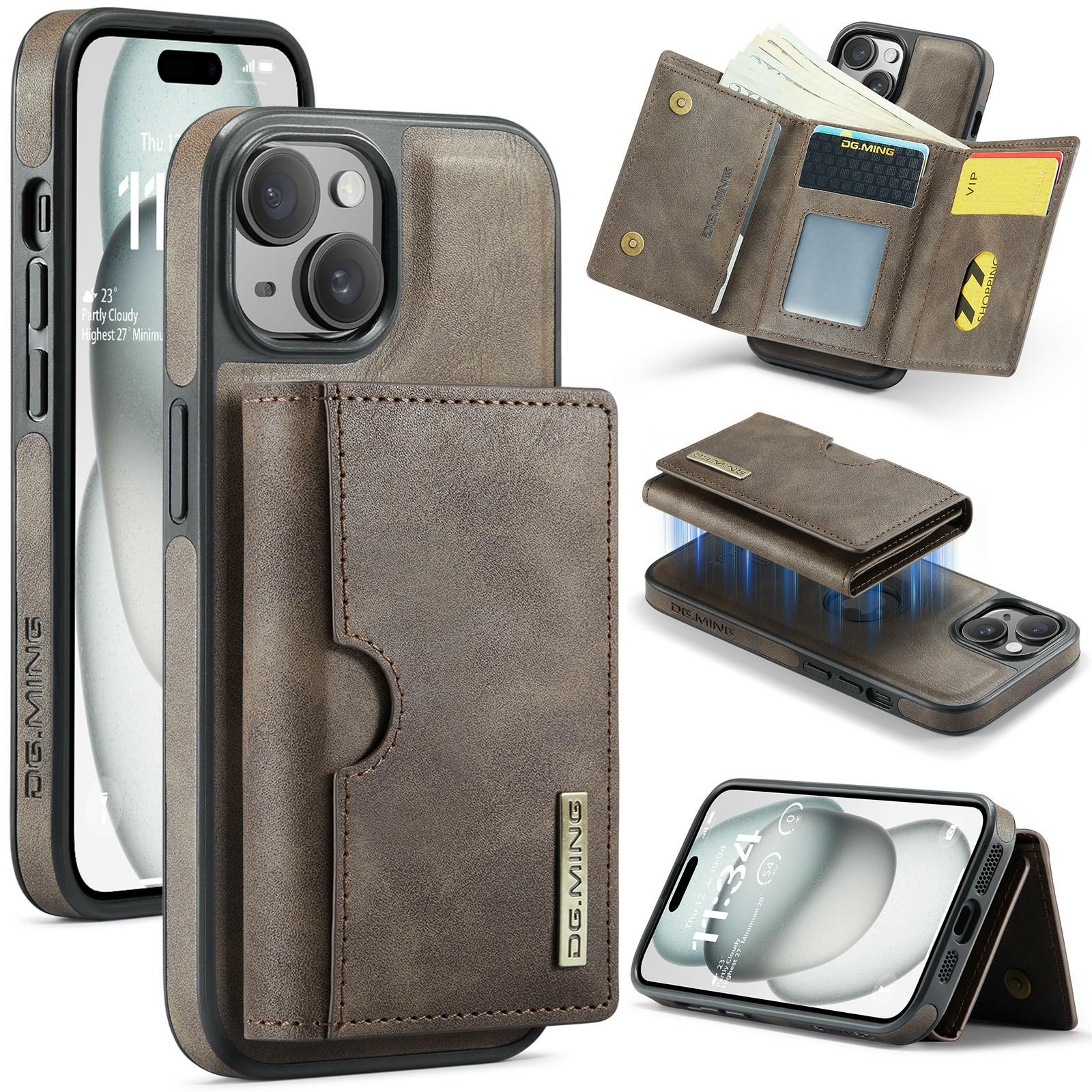 

DG.MING M6 Series For iPhone 15 Case Magnetic Wallet PU+PC+TPU Phone Cover Coffee