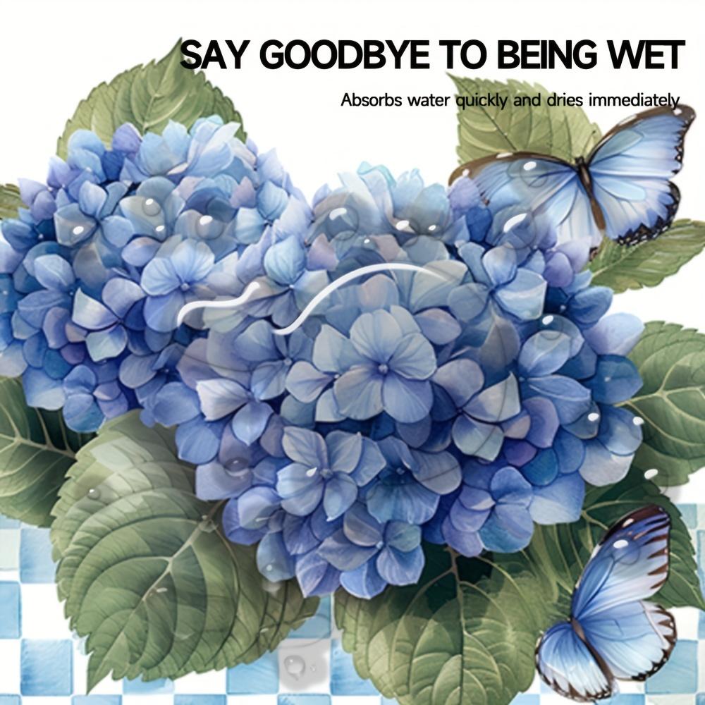 1Pcs Rubber Drying Mat With  Blue Flower  Print For Coffee Shop Restaurant Kitchen Carpet Tableware Durable Diatom Mud Table Mat Pet Mat Coffeeware