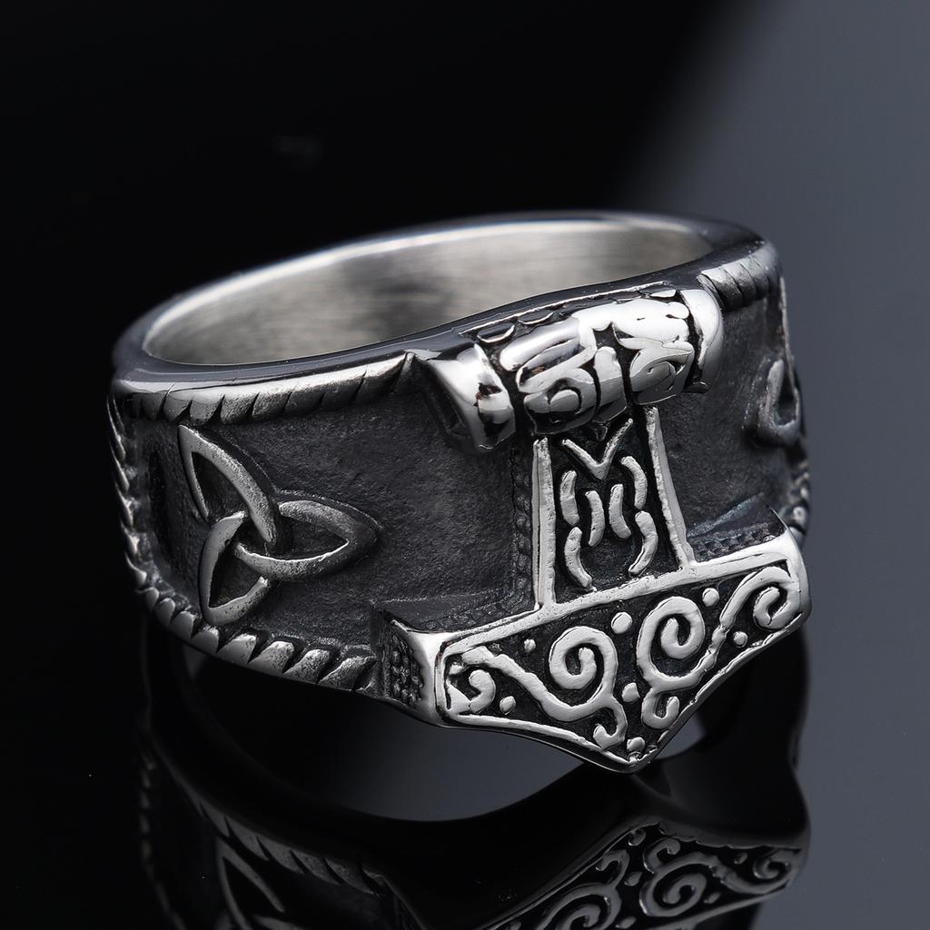 Viking Style Thor Hammer Knot Design Stainless Steel Fade Resistant Ring