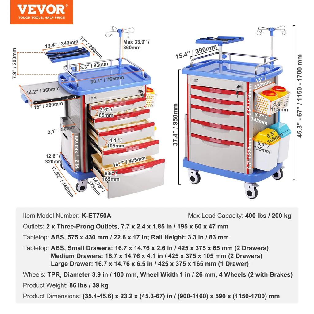 VEVOR 5 Tiers Lab Carts, Lab Utility Cart with 5 Drawers & 4 Silent Wheels, Mobile Medical Cart with PP Material