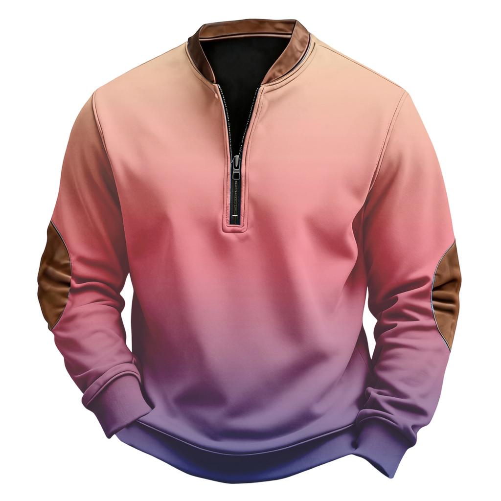 Men's Casual, Trendy, Retro American Gradient Printed Round,neck Long,sleeved Half,pull One,piece Sweatshirt