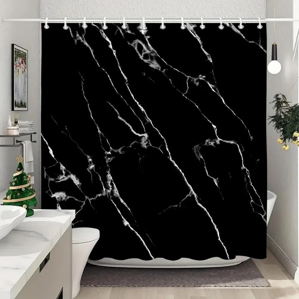 Blue Gold Textured Marble Shower Curtain Black White Natural Art Pattern Polyester Fabric Washable Shower Curtain Bathroom Dec