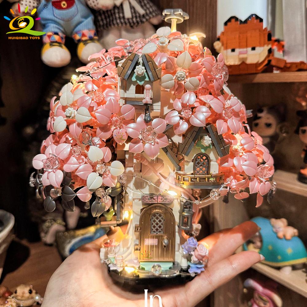 Non-Toxic Diy Discoloration Cherry Blossom Moc Flower Pink Tree House Building Blocks Classic Model Bricks Sets Kid Romantic Gift