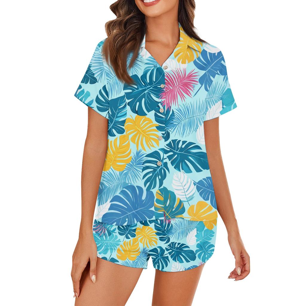 Women's Ice Silk Pajamas Button Homewear Hawaiian Print Short Sleeve Satin Pajama Set