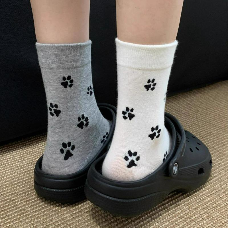 3pairs Cute Dog Claw Printed Women's Cartoon Dog Paw Sock Animal Pattern Soft Sweat Absorbing Breathable Casual Socks for Girls
