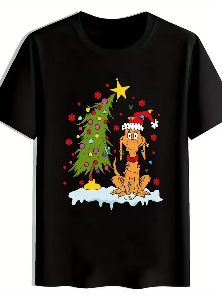 Men's Christmas Tree & Santa Dog Graphic T-Shirt - Short Sleeve Casual Tee with