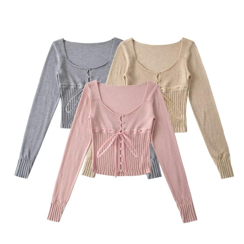 Spring New Style Women's Clothing Light and Mature Niche Tops Women's French Tie Waist Bottoming Sweater for Women