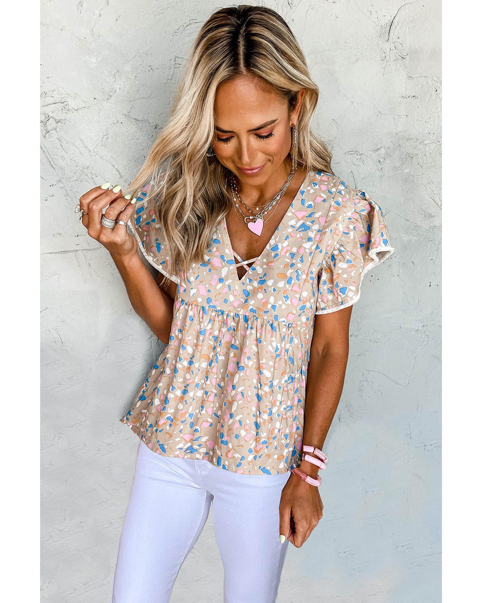 

Azura Exchange Crisscross V Neck Ruffle Sleeve Printed Flowy Blouse L хакі