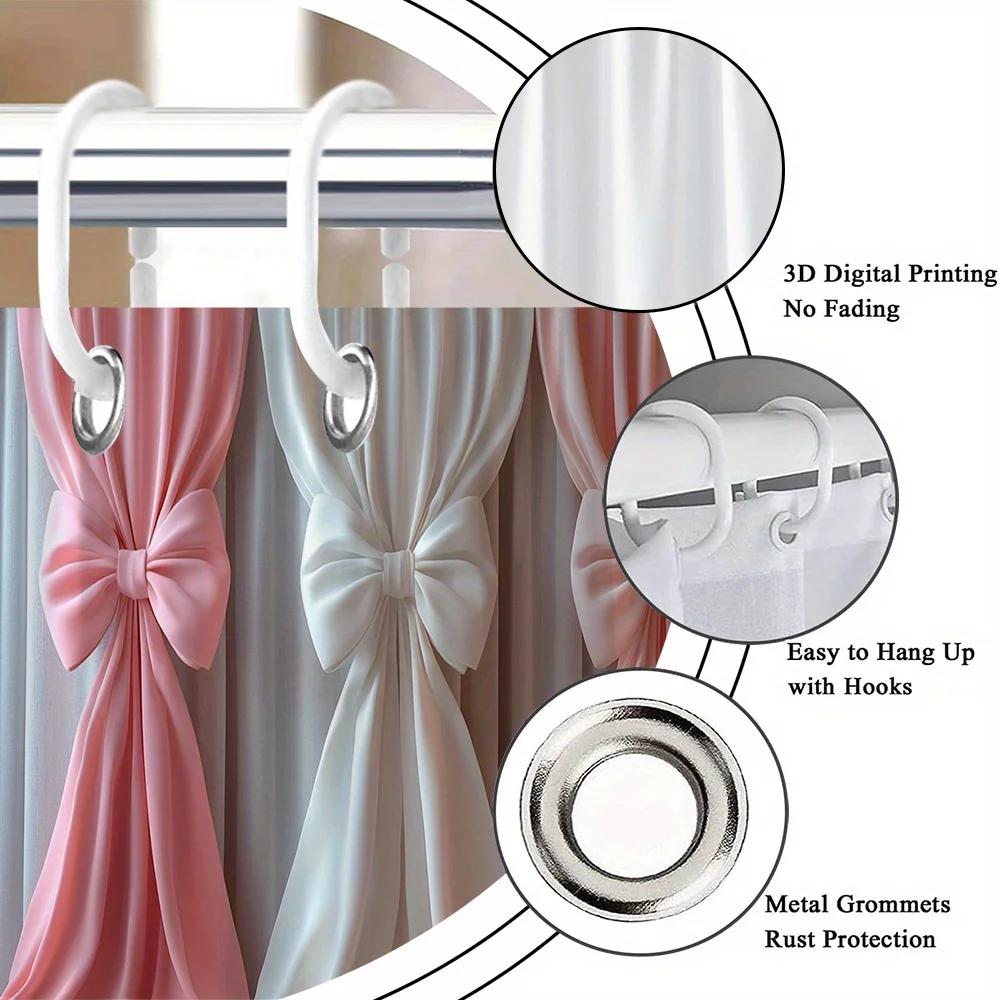 Pink & Peach Bow Shower Curtain - Light Gray Drapes, 12 Hooks, Washable Polyester, Elegant Bath Decor