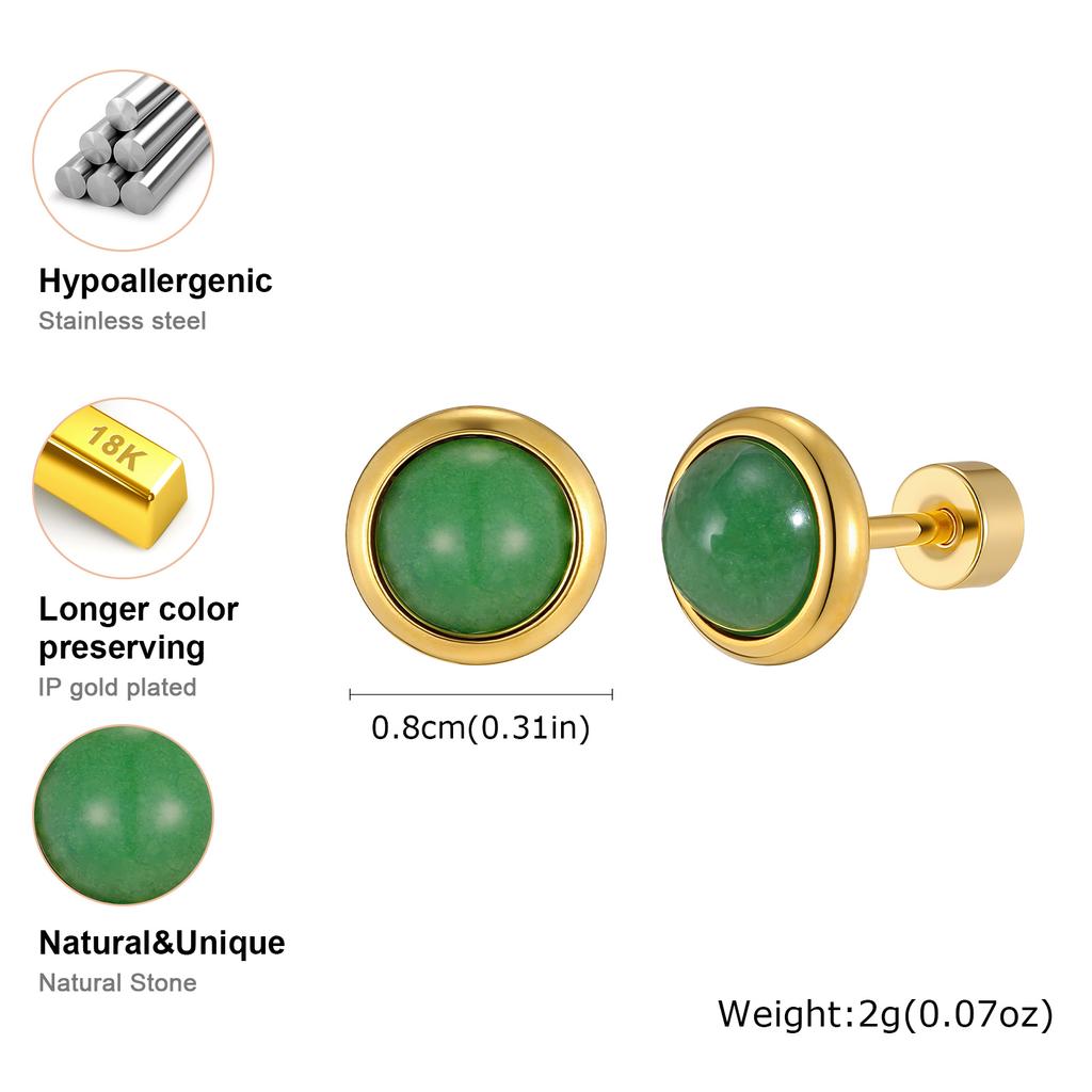 Minimalist Natural Stone Stud Earrings for Men Women,Gold Plated Stainless Steel Round Stud Earrings,Anti Allergy Earrings Gift