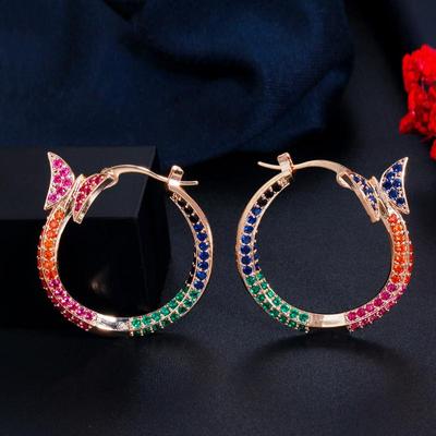 CMM Exquisite Butterfly Black Golden Color Circle Rainbow Zirconia Hoop Earrings