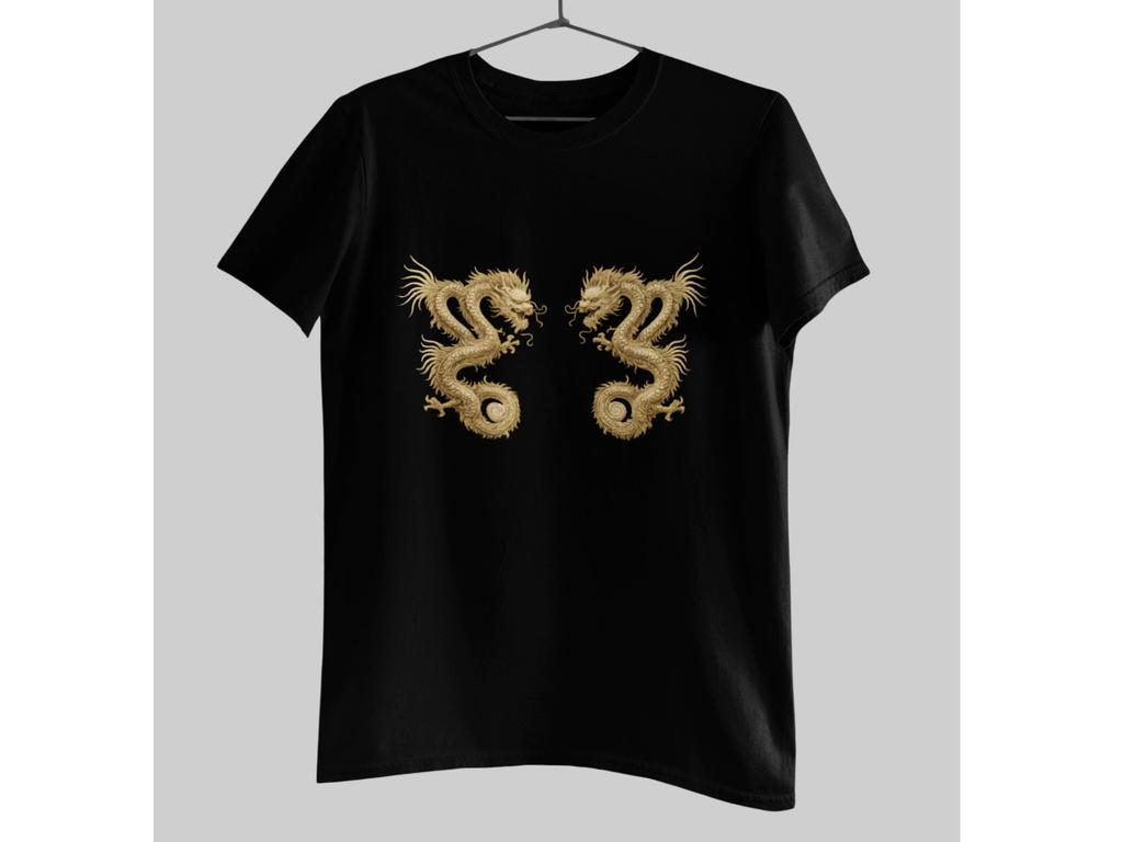 Twin Gold Dragon T-Shirt Traditional Chinese Dragon Graphic Oriental Style