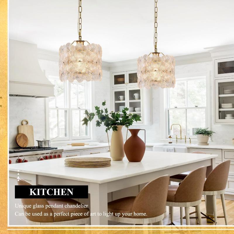 Gold Glass Pendant Light with White Ceramic Flowers