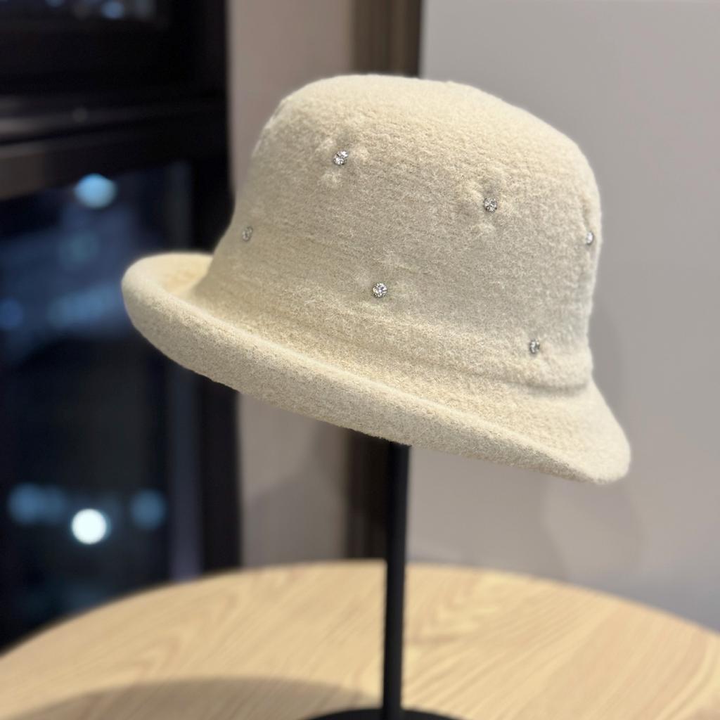Winter New Style Curled Handmade Rhinestone Decorated Woolen Hat Japanese Style Warm Fisherman Hat Ladies Elegant Basin Hat Trend