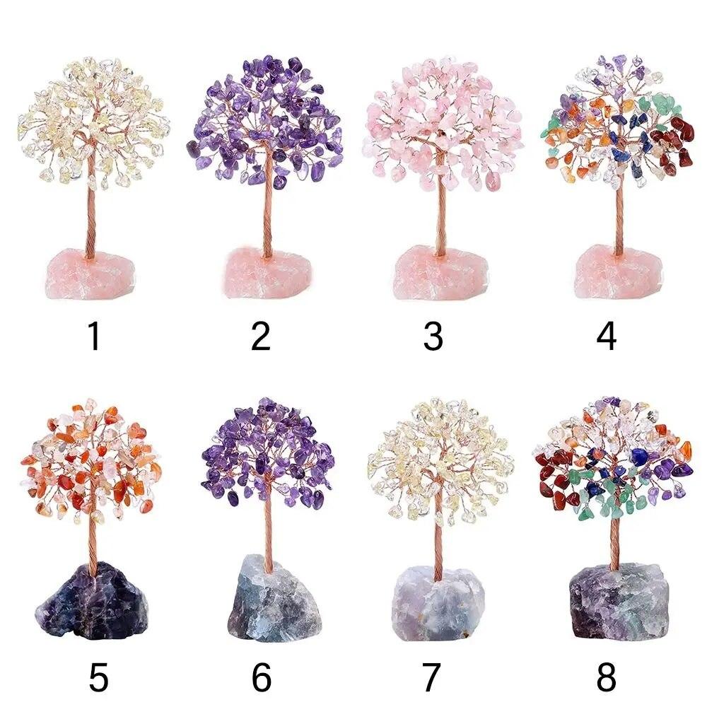 Color Crystal Money Tree Copper Wire Wrapped Agate Fluorite Base Potted Plants Stone Crafts Gemstone Reiki Chakra Feng Shui Tree