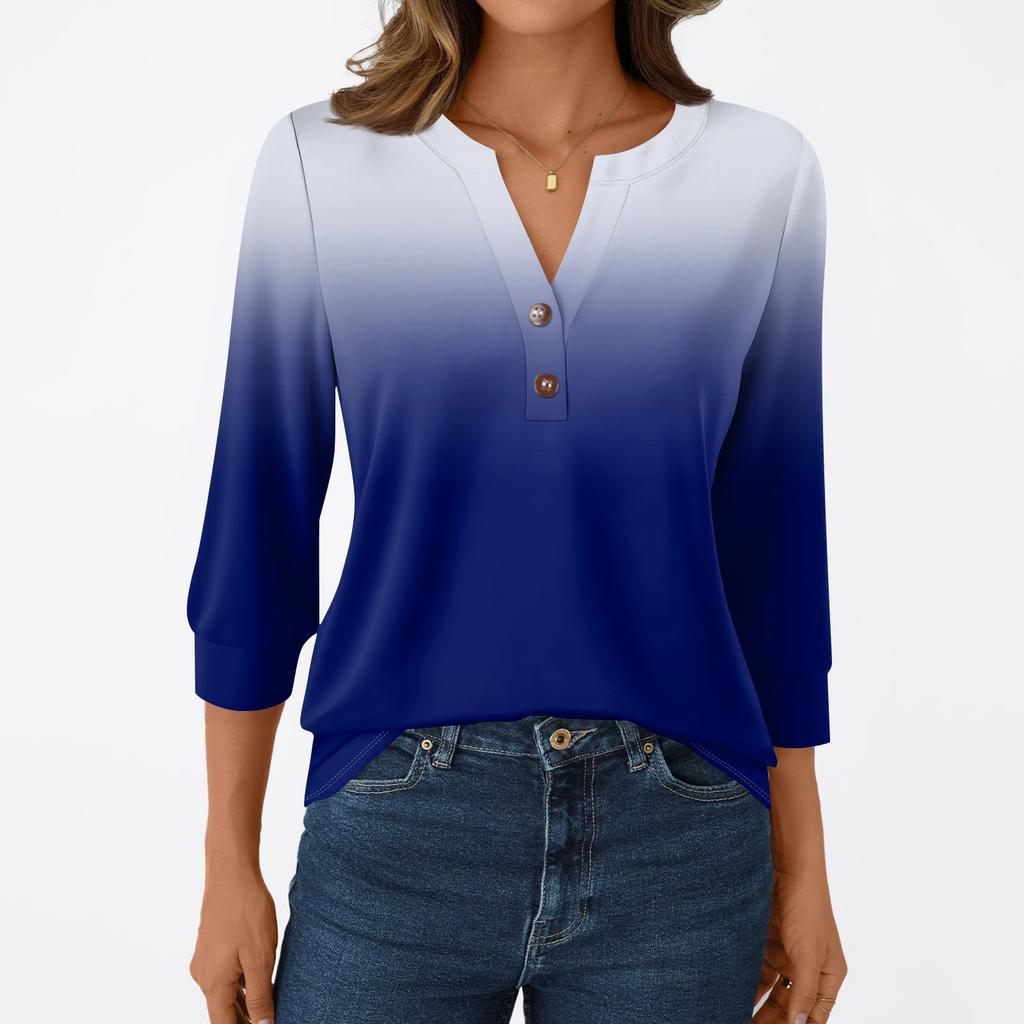 Women's Fashion Casual 3/4 Sleeve T-Shirt Prints V-Neck Button Top