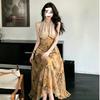 Retro smudge oil floral neck dress summer mesh V-neck waist pendulum long dress seaside vacation looking thin