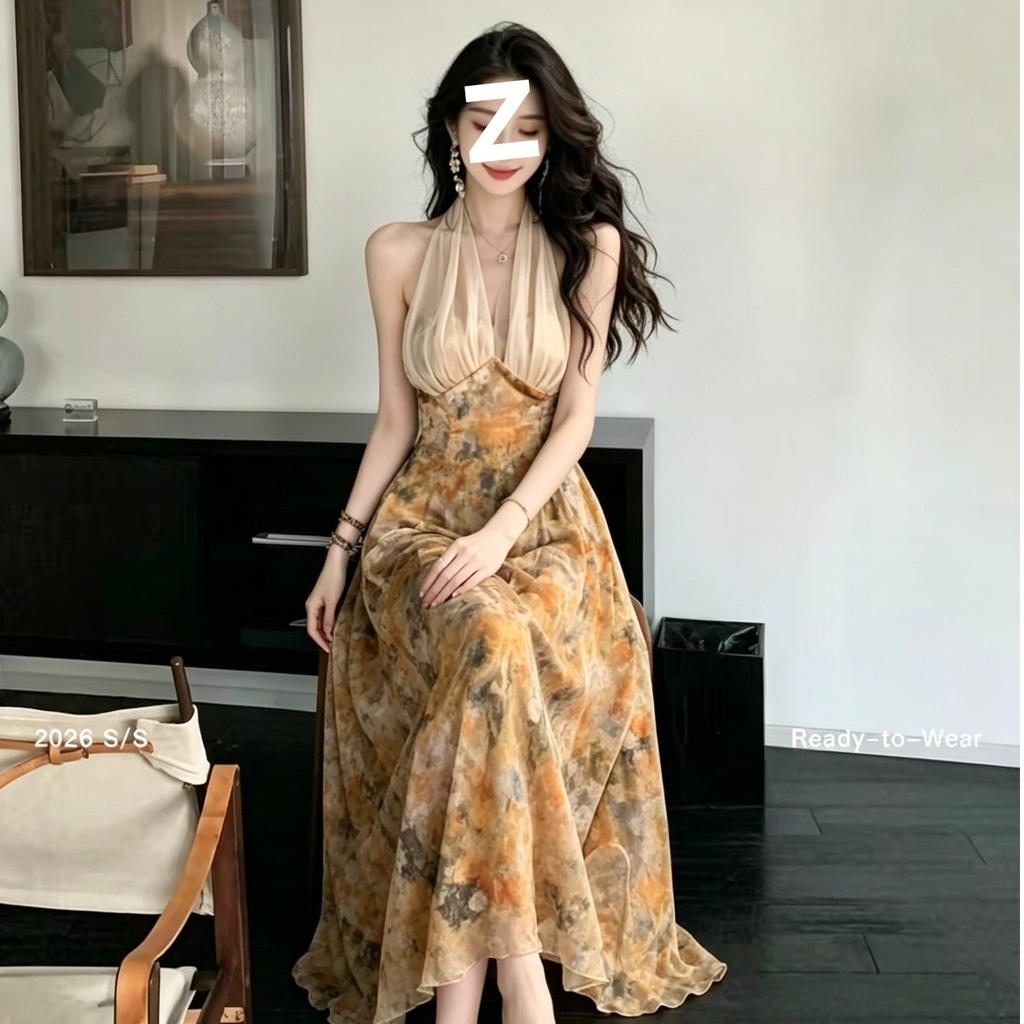 Retro smudge oil floral neck dress summer mesh V-neck waist pendulum long dress seaside vacation looking thin