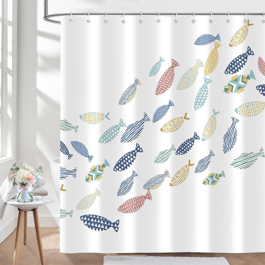 Colorful Fish Shower Curtain Ocean Swimming Fishes Cartoon Minimalist Washable Waterproof for Bathroom with Hooks