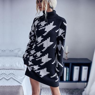 Women's Black & White Houndstooth Turtleneck Oversized Knit Dress Casual Long-sleeve Sweater Dress