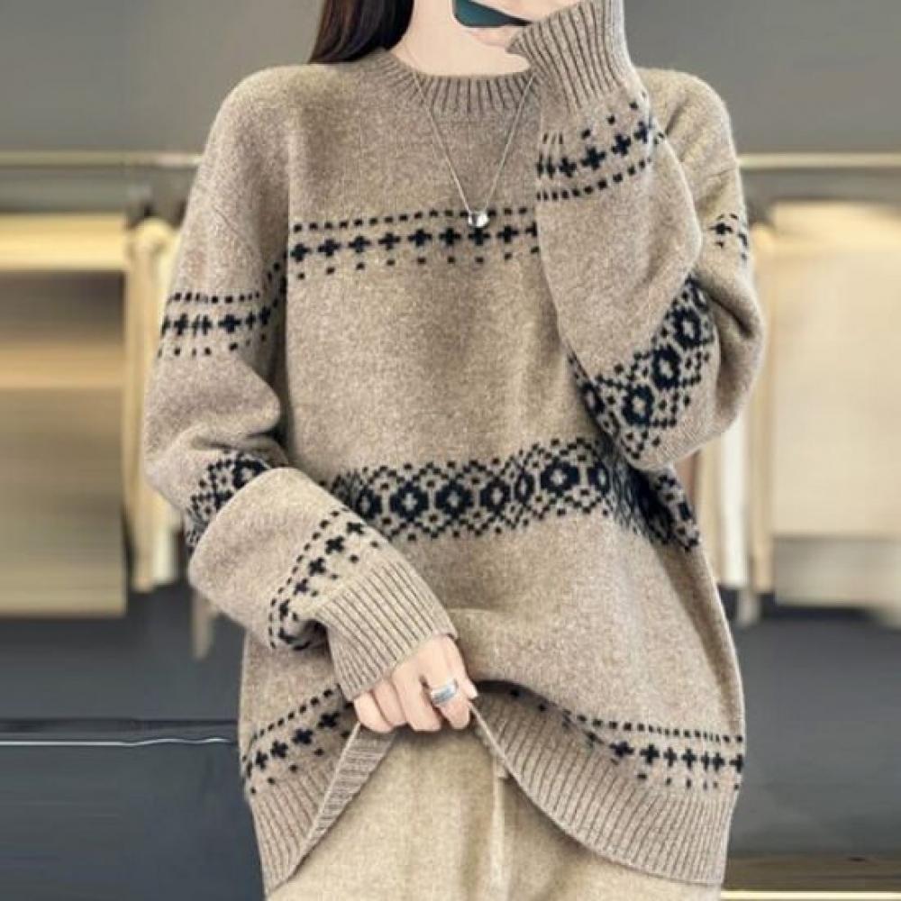 Navava Women Pattern Color Block Round Neck Long Sleeve Knit Nk3459