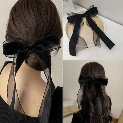 French Black Hair Bows Hair Clip Ribbon Long Tulle Hairpin Hepburn Style Velvet Hair Ring Lady Girls