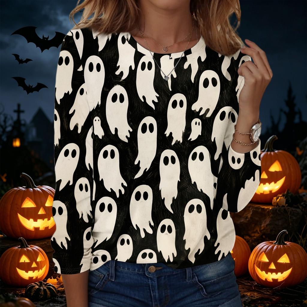 Women's Long Sleeve Pullover Sweatshirt Halloween Print Round Neck Casual Top Lightweight Comfortable Fit