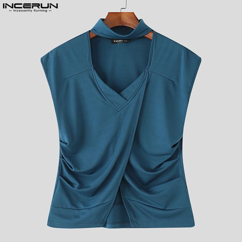 INCERUN Summer Men Short Sleeve Cutout Front Cross Splits Casual Slim T-shirts