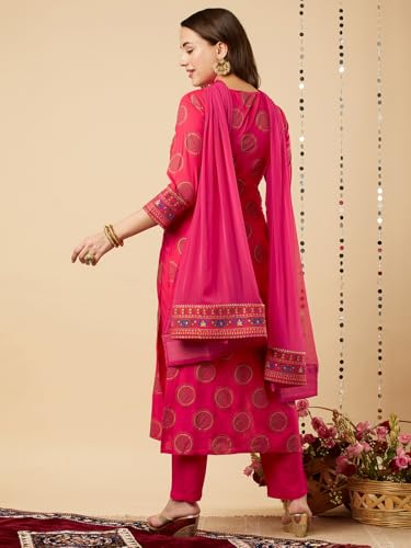 GoSriKi Women's Cotton Blend Printed Straight Kurta with Pant & Dupatta (NOV-Pink-GS_5XL_Pink_XXXXX-Large)