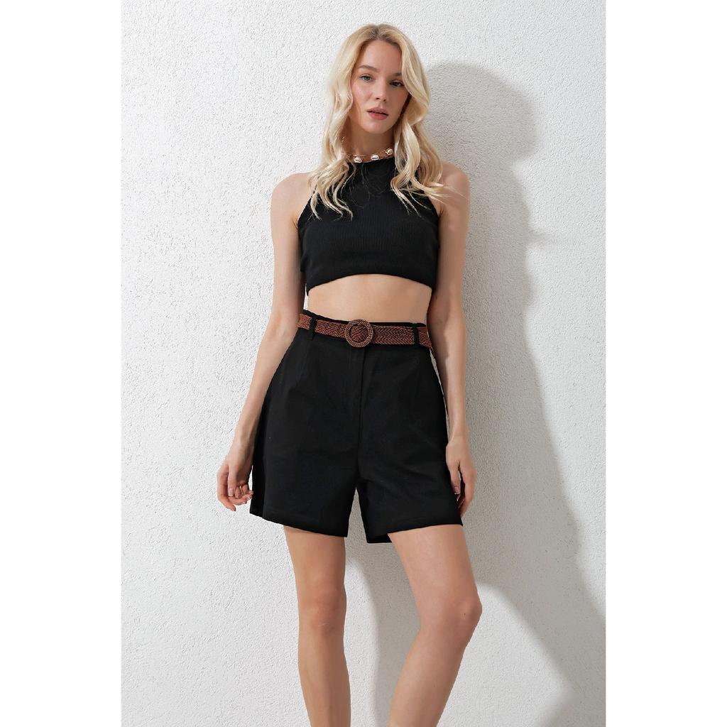 Damen Beige Strohstrick Gürtel Gabardine Shorts Alc-x10271