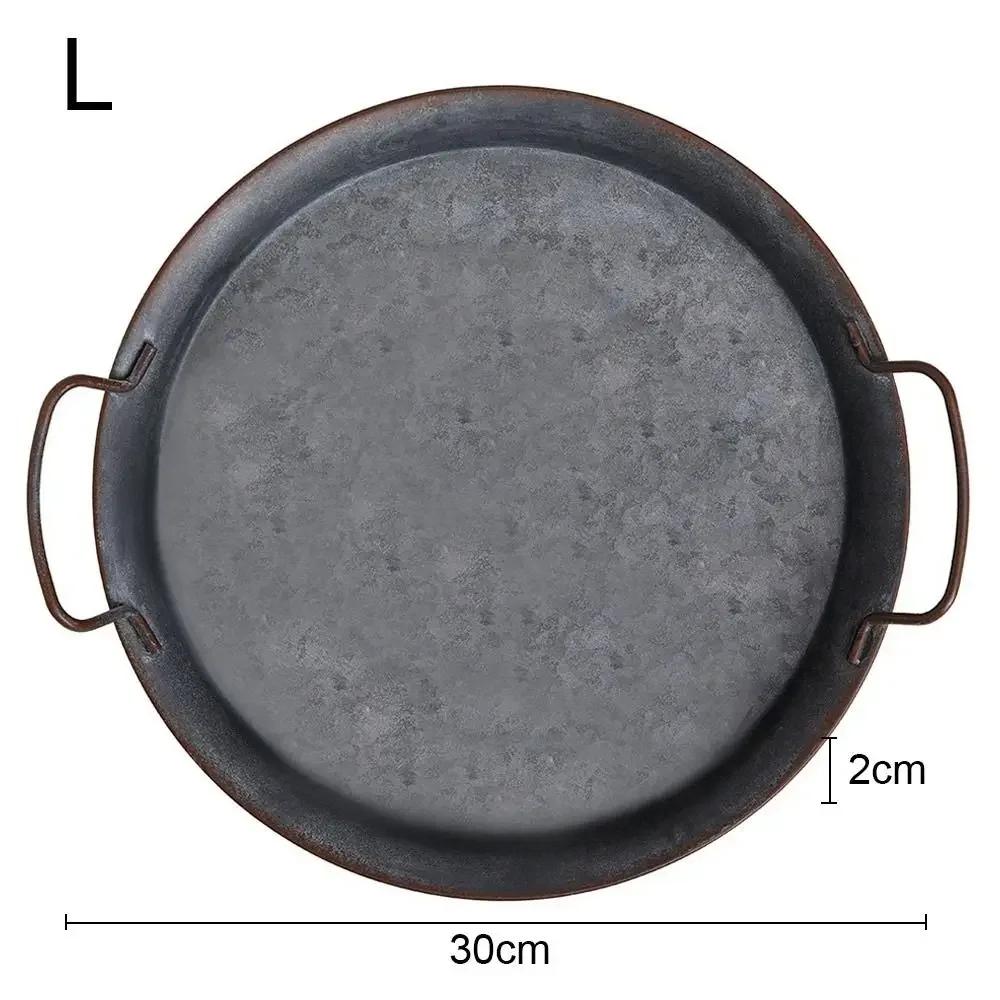 Vintage Iron Bread Tray with Handle Round Metal Plate for Food Serving Home Decor Kitchen Tableware Photo Prop