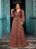 European Plus Size V-Neck Ruffle Lantern Sleeve Formal Dress