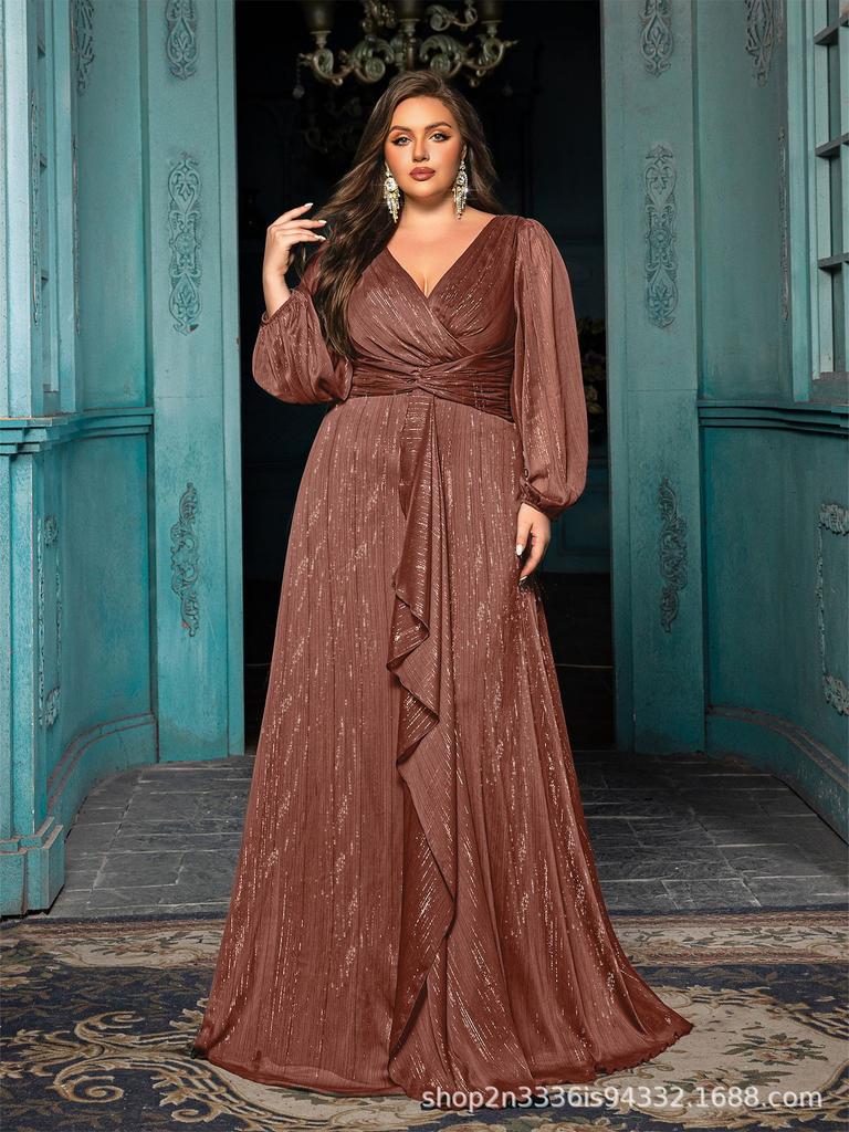 European Plus Size V-Neck Ruffle Lantern Sleeve Formal Dress