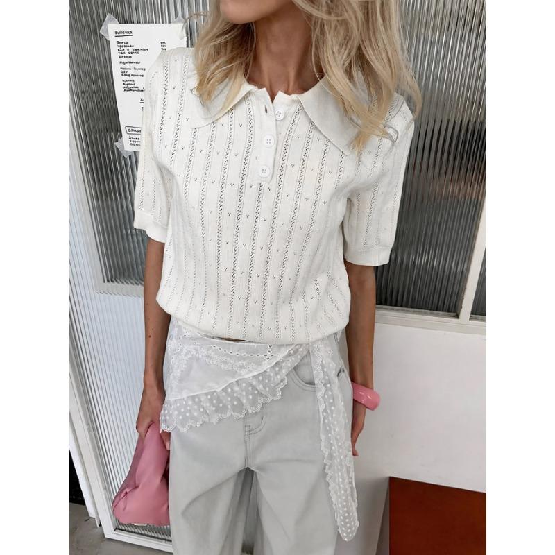 Womens Loose Casual Solid Color Openwork Knit Short Sleeve Polo Shirt