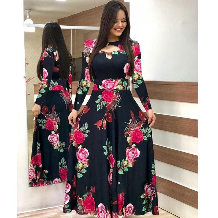 Women's Fashion Casual Bohemian Print Long-sleeved Pocket Dress Long Skirt
