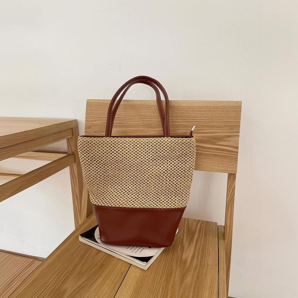 Ausgeschnittene Patchwork-Tragetasche Damen Urlaubs-Strandtasche Vintage Gewebte Schultertasche Große Tasche