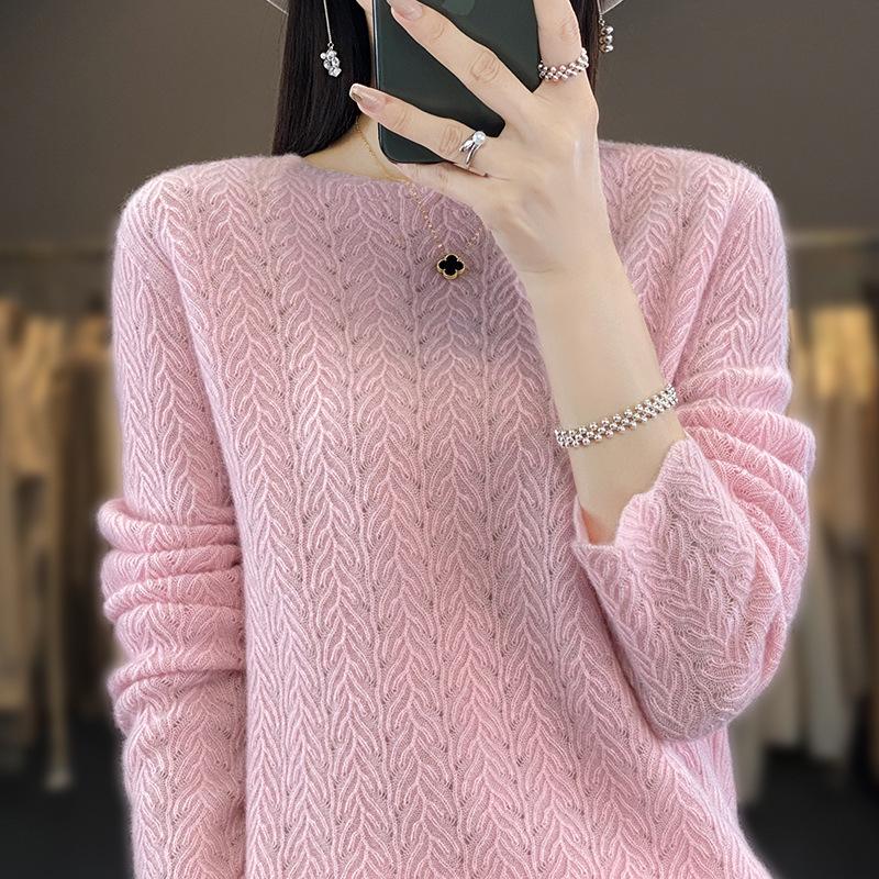 Women's 100% Pure Wool Loose Knit Hollow-Out Pullover Sweater