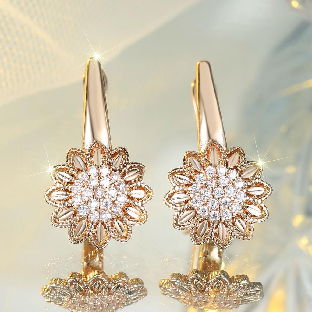 White Zircon Stone Sunflower Hoop Earrings Luxury Female Gold Color Wedding For Women