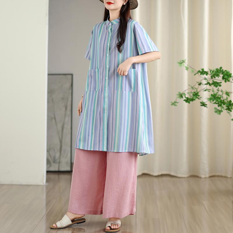 DIMANAF Summer Women 2025 Basic Plus Size Shirt Dress Casual Short Sleeve Buttons Dress Loose Stripe Dress