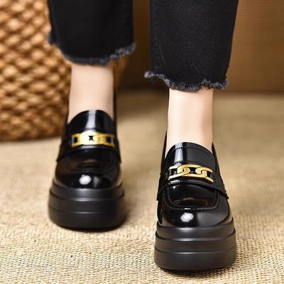 Handmade Women's Shoes 8cm Spring Wedge Heel Waterproof Table Heightened Thick-soled Retro Round Head Patent Leather Loafers