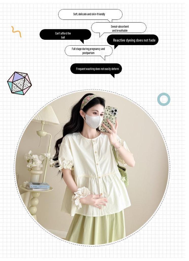 2026 Stylish & Chic Apricot Doll Blouse with Round Neck + Fresh Green Midi Skirt