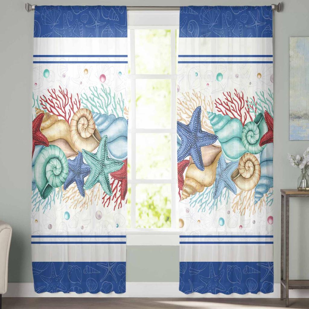 Sommerliche Marine-Aquarell-Seestern-Muschel-Korallenblau-Tüll-Fenstervorhänge für Schlafzimmer, Luxus-Vorhänge im Wohnzimmer, Chiffon-Paneele